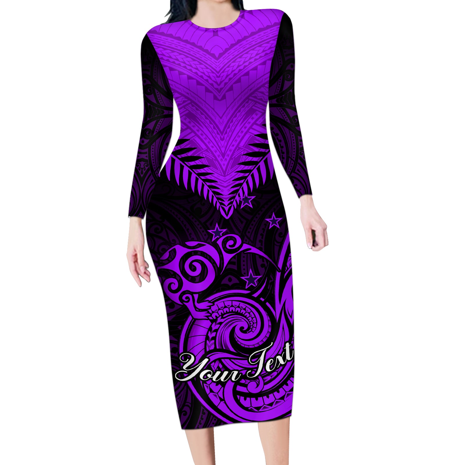 Personalised Aotearoa Long Sleeve Bodycon Dress Maori Kiwi Purple Fern - Wonder Print Shop