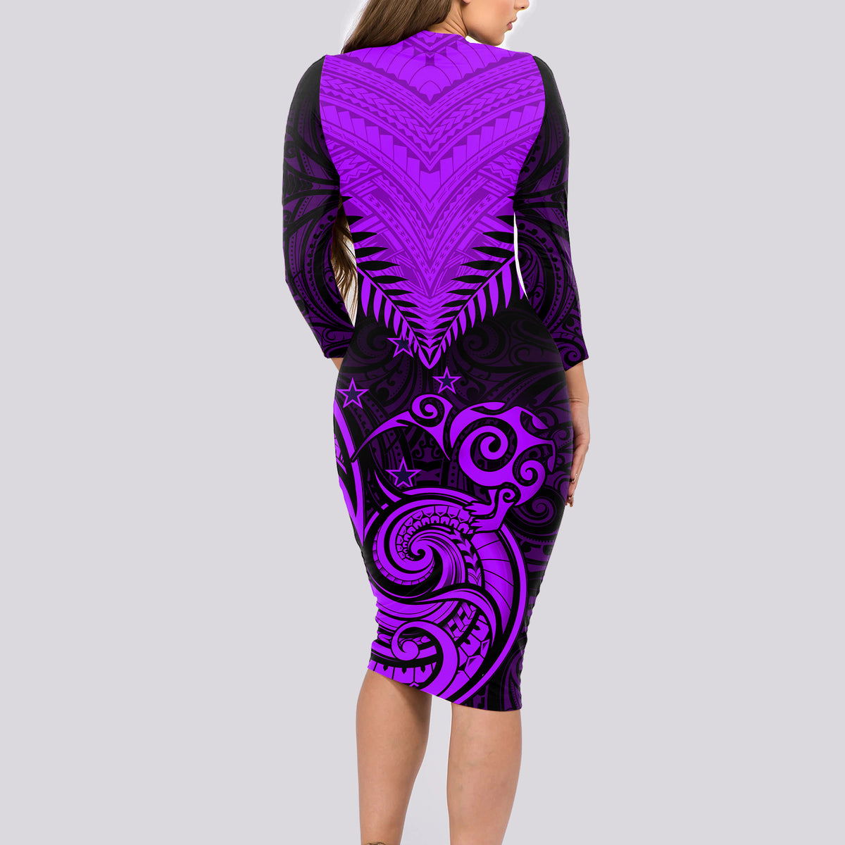 Personalised Aotearoa Long Sleeve Bodycon Dress Maori Kiwi Purple Fern - Wonder Print Shop