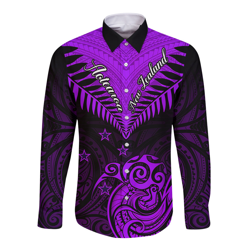 Personalised Aotearoa Long Sleeve Button Shirt Maori Kiwi Purple Fern - Wonder Print Shop