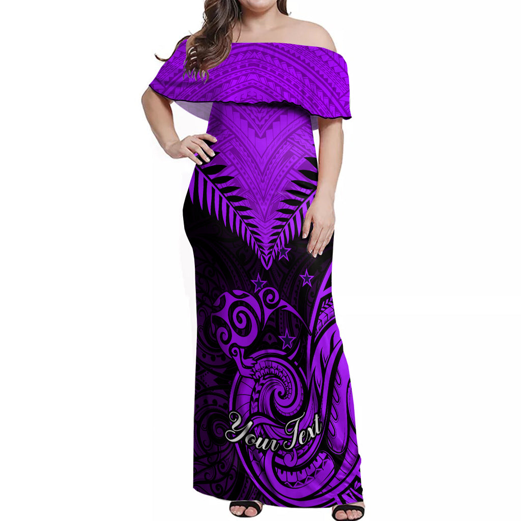 Personalised Aotearoa Off Shoulder Maxi Dress Maori Kiwi Purple Fern - Wonder Print Shop