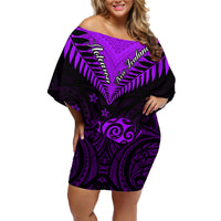 Personalised Aotearoa Off Shoulder Short Dress Maori Kiwi Purple Fern - Wonder Print Shop