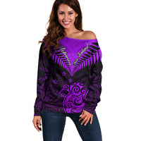 Personalised Aotearoa Off Shoulder Sweater Maori Kiwi Purple Fern - Wonder Print Shop