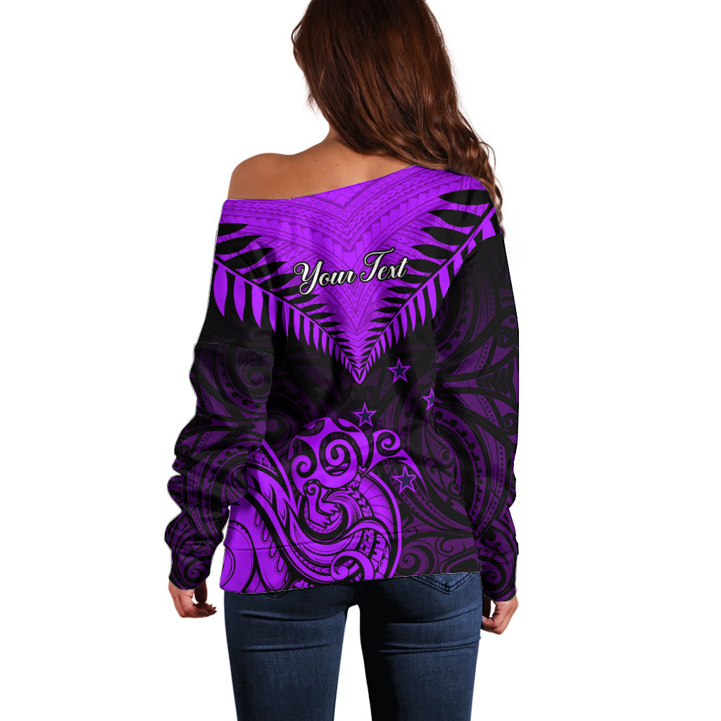 Personalised Aotearoa Off Shoulder Sweater Maori Kiwi Purple Fern - Wonder Print Shop