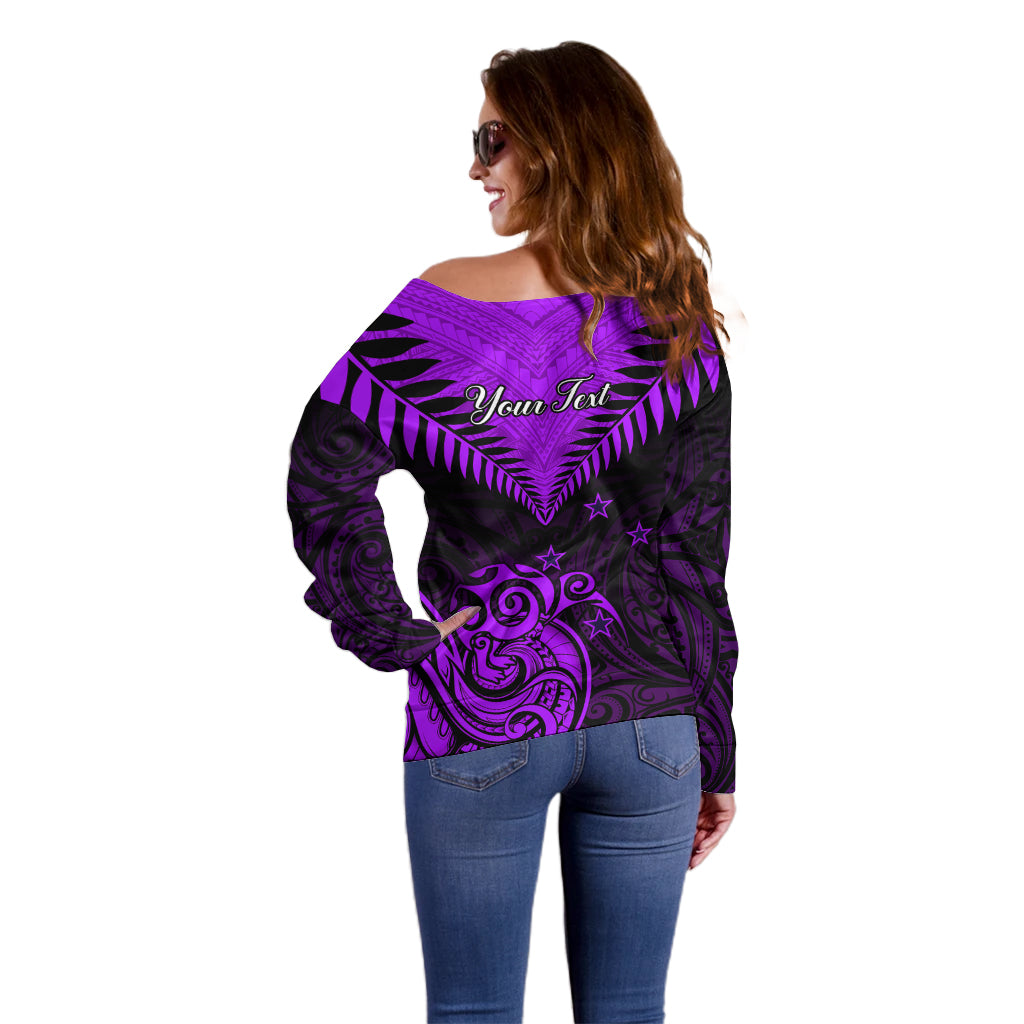 Personalised Aotearoa Off Shoulder Sweater Maori Kiwi Purple Fern - Wonder Print Shop