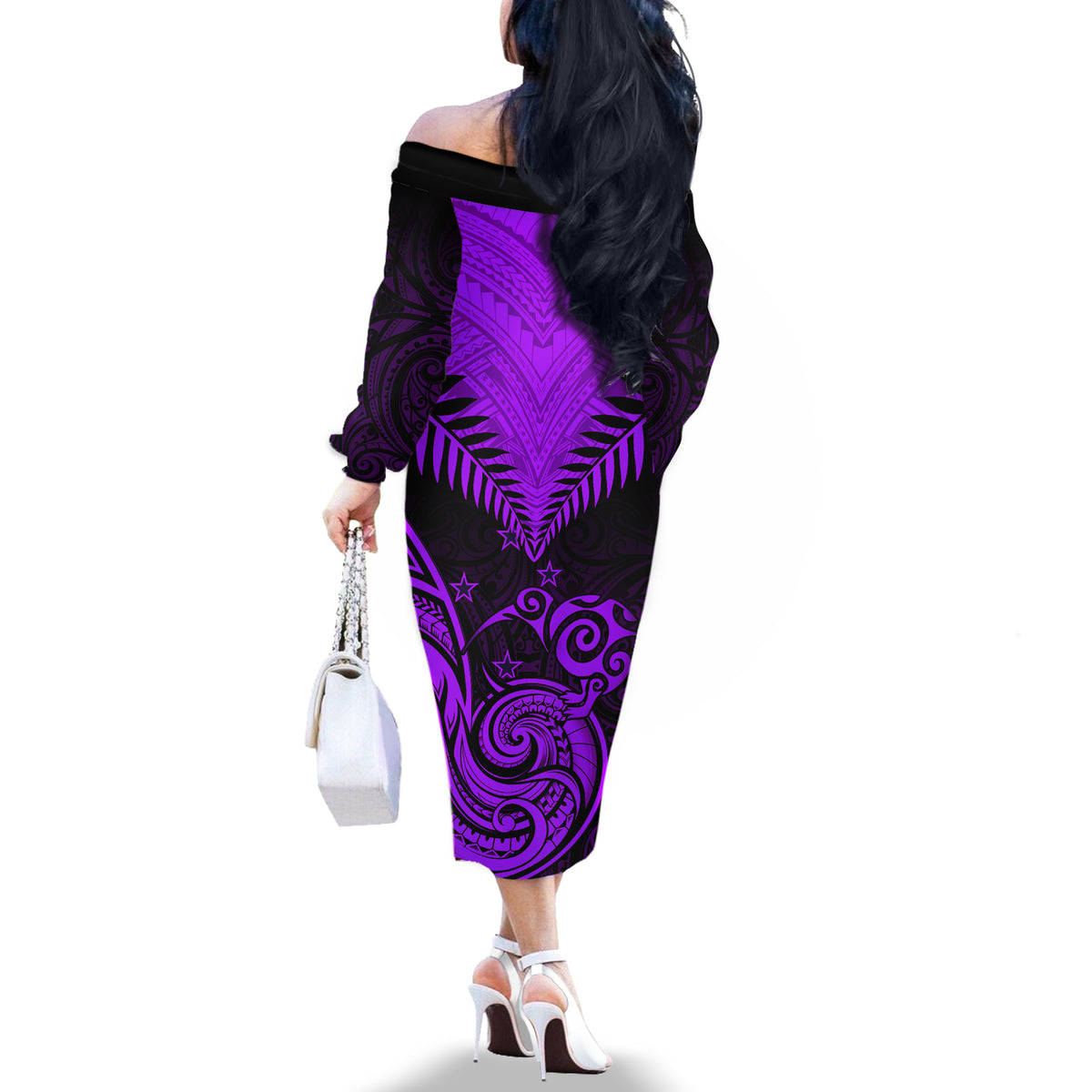 Personalised Aotearoa Off The Shoulder Long Sleeve Dress Maori Kiwi Purple Fern - Wonder Print Shop