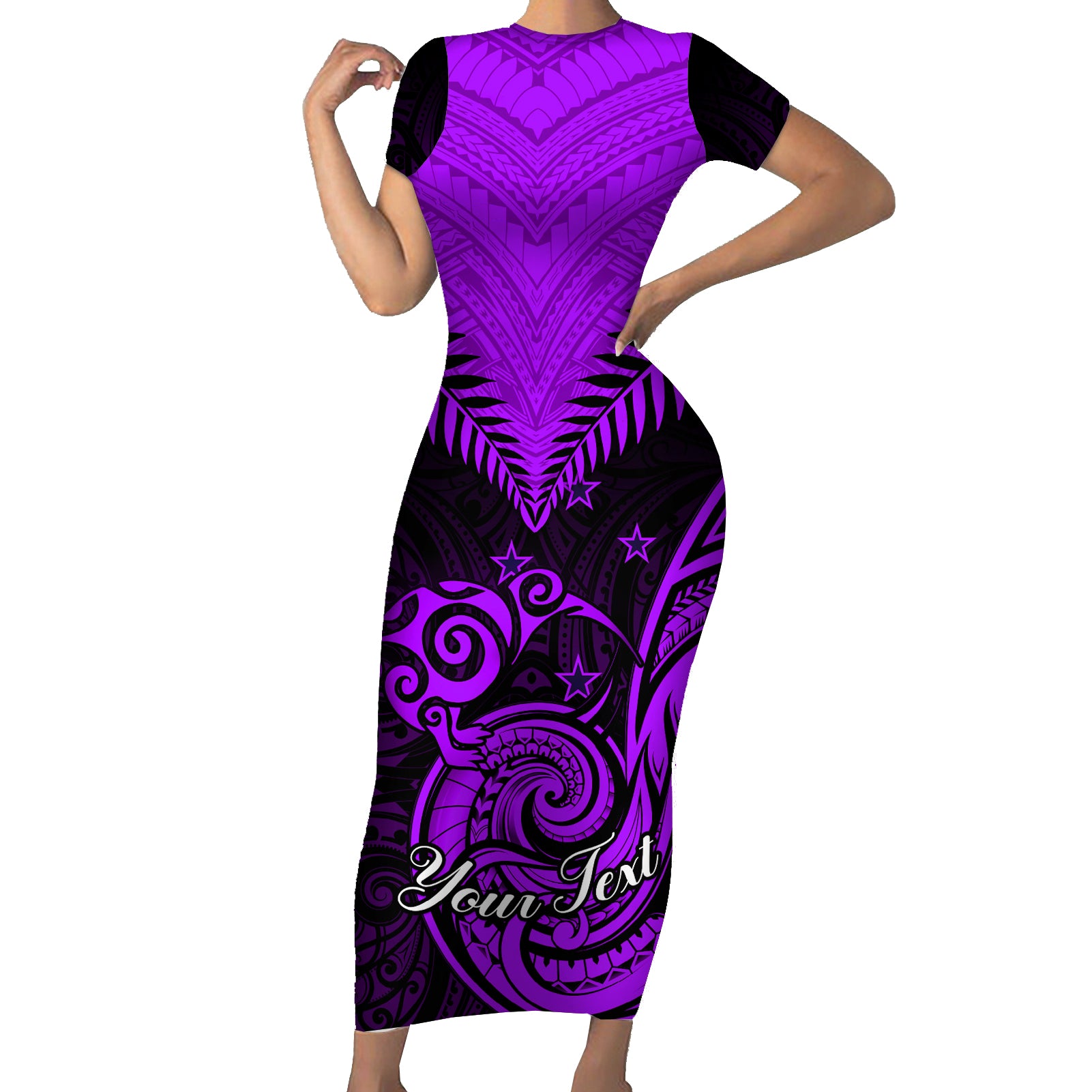 Personalised Aotearoa Short Sleeve Bodycon Dress Maori Kiwi Purple Fern - Wonder Print Shop