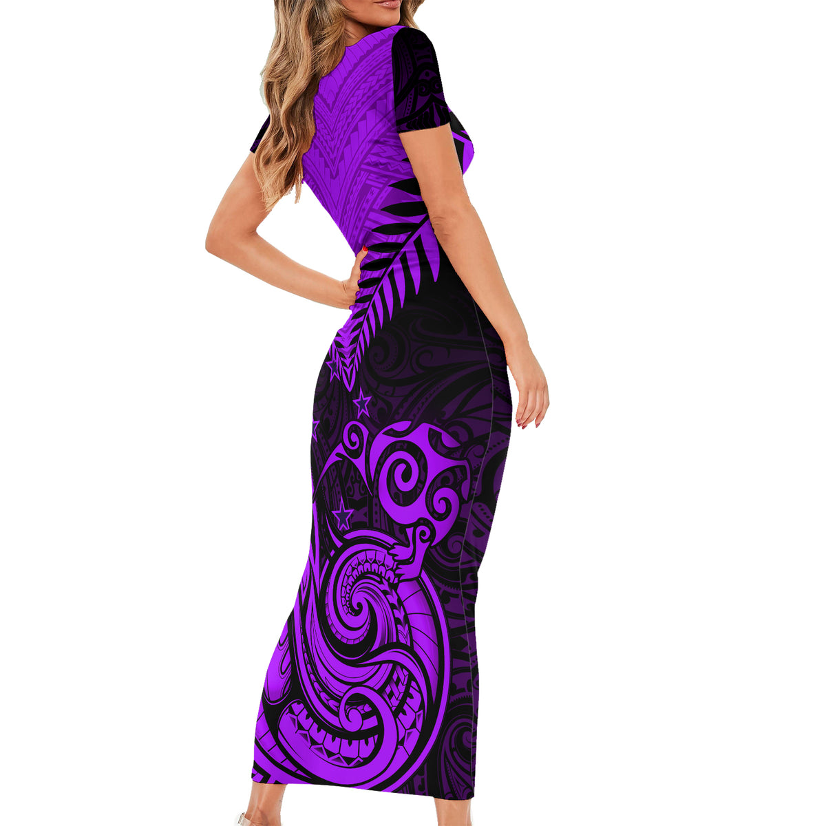 Personalised Aotearoa Short Sleeve Bodycon Dress Maori Kiwi Purple Fern - Wonder Print Shop