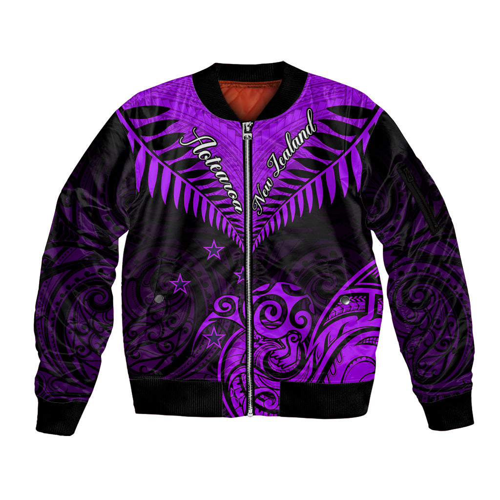 Personalised Aotearoa Sleeve Zip Bomber Jacket Maori Kiwi Purple Fern - Wonder Print Shop