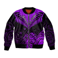 Personalised Aotearoa Sleeve Zip Bomber Jacket Maori Kiwi Purple Fern - Wonder Print Shop