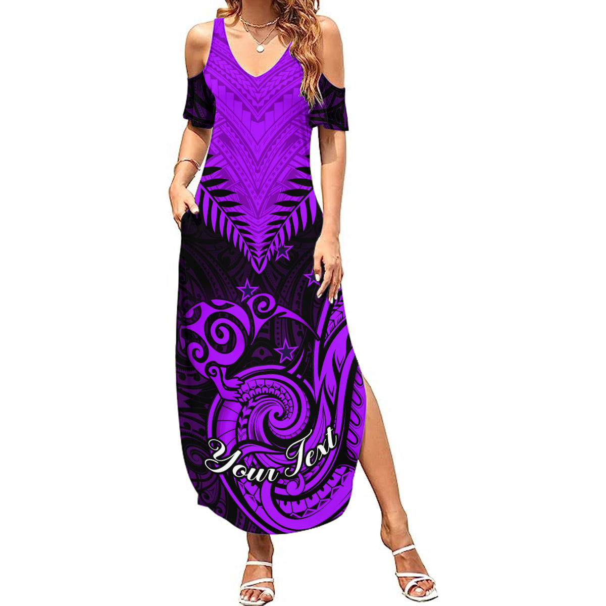 Personalised Aotearoa Summer Maxi Dress Maori Kiwi Purple Fern - Wonder Print Shop