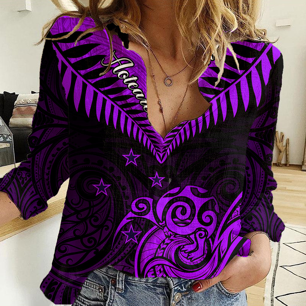 Personalised Aotearoa Women Casual Shirt Maori Kiwi Purple Fern - Wonder Print Shop