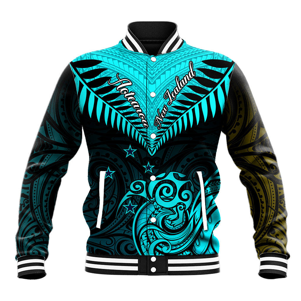 Personalised Aotearoa Baseball Jacket Maori Kiwi Turquoise Fern - Wonder Print Shop
