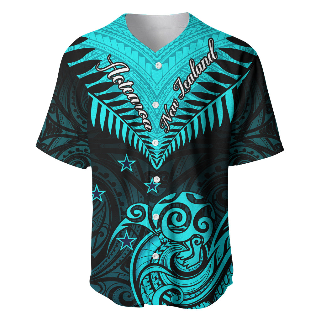 Personalised Aotearoa Baseball Jersey Maori Kiwi Turquoise Fern - Wonder Print Shop