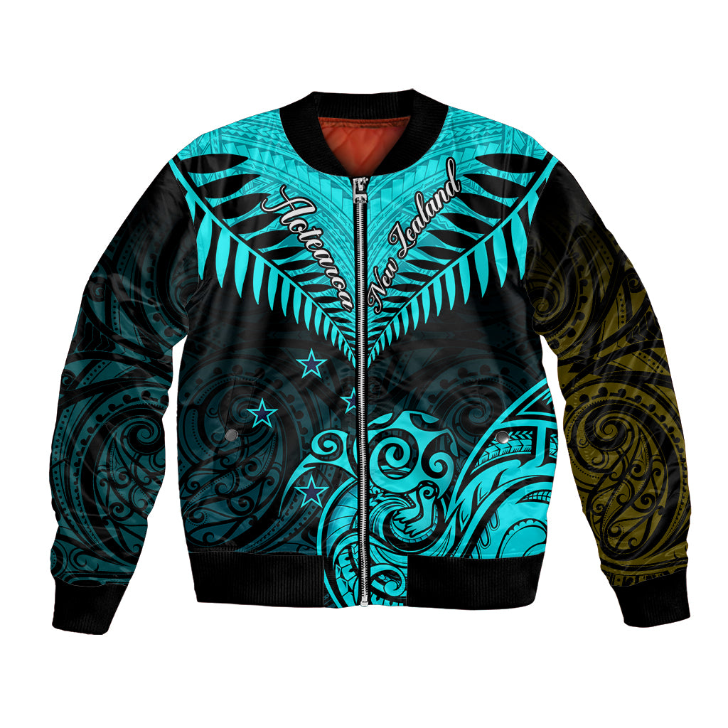 Personalised Aotearoa Bomber Jacket Maori Kiwi Turquoise Fern - Wonder Print Shop