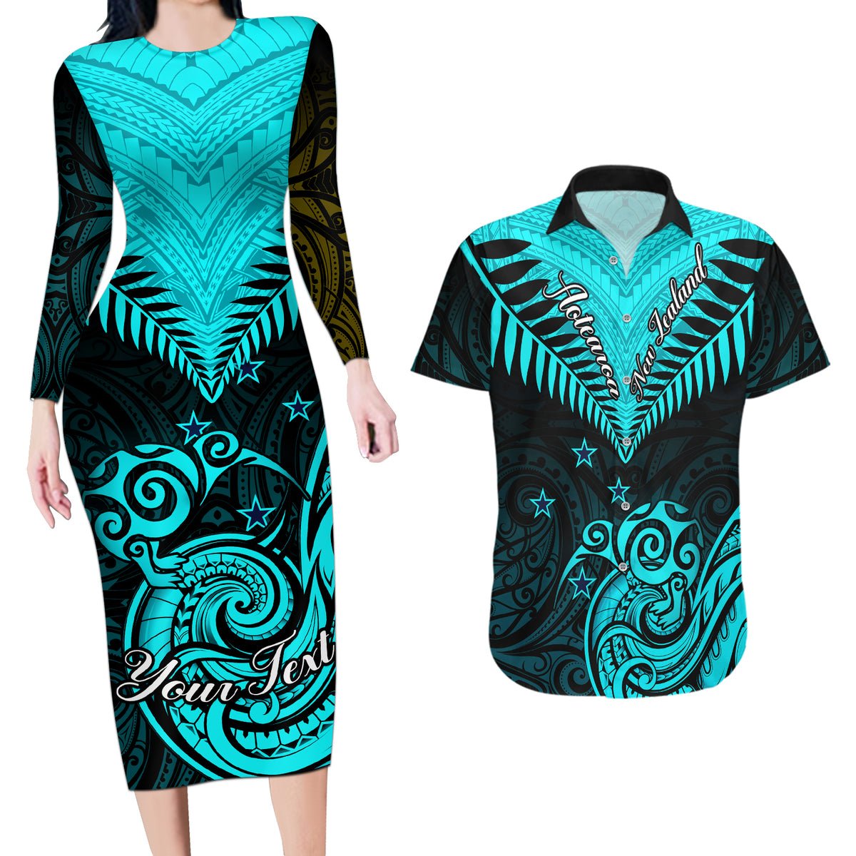Personalised Aotearoa Couples Matching Long Sleeve Bodycon Dress and Hawaiian Shirt Maori Kiwi Turquoise Fern - Wonder Print Shop