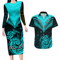 Personalised Aotearoa Couples Matching Long Sleeve Bodycon Dress and Hawaiian Shirt Maori Kiwi Turquoise Fern - Wonder Print Shop