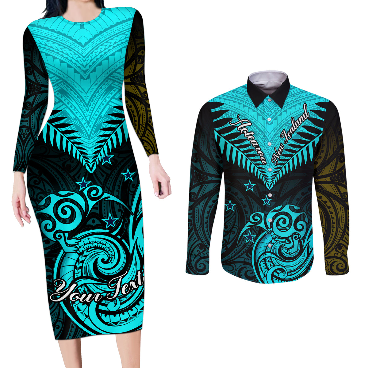 Personalised Aotearoa Couples Matching Long Sleeve Bodycon Dress and Long Sleeve Button Shirts Maori Kiwi Turquoise Fern - Wonder Print Shop