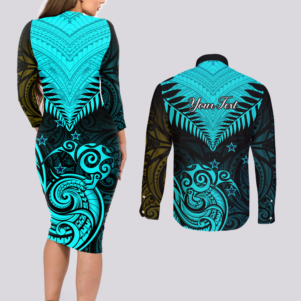 Personalised Aotearoa Couples Matching Long Sleeve Bodycon Dress and Long Sleeve Button Shirts Maori Kiwi Turquoise Fern - Wonder Print Shop