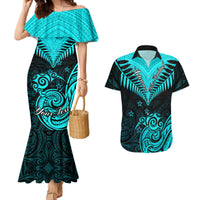 Personalised Aotearoa Couples Matching Mermaid Dress And Hawaiian Shirt Maori Kiwi Turquoise Fern - Wonder Print Shop