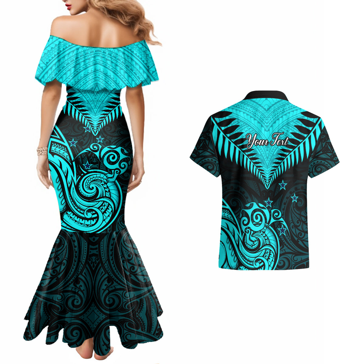 Personalised Aotearoa Couples Matching Mermaid Dress And Hawaiian Shirt Maori Kiwi Turquoise Fern - Wonder Print Shop