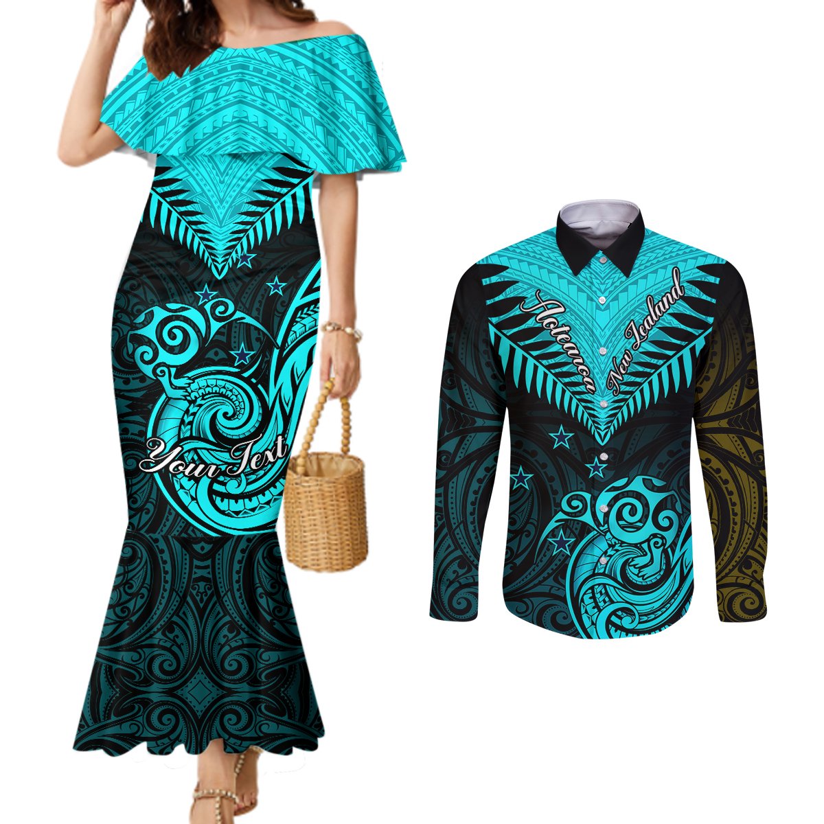 personalised-aotearoa-couples-matching-mermaid-dress-and-long-sleeve-button-shirts-maori-kiwi-turquoise-fern