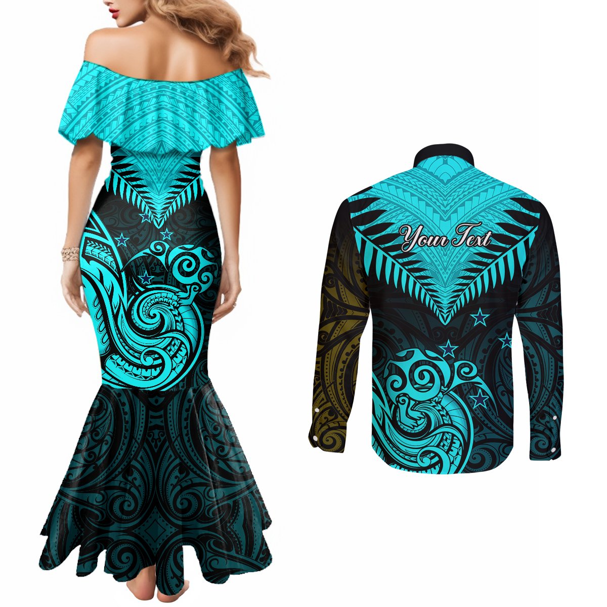 personalised-aotearoa-couples-matching-mermaid-dress-and-long-sleeve-button-shirts-maori-kiwi-turquoise-fern