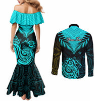 personalised-aotearoa-couples-matching-mermaid-dress-and-long-sleeve-button-shirts-maori-kiwi-turquoise-fern