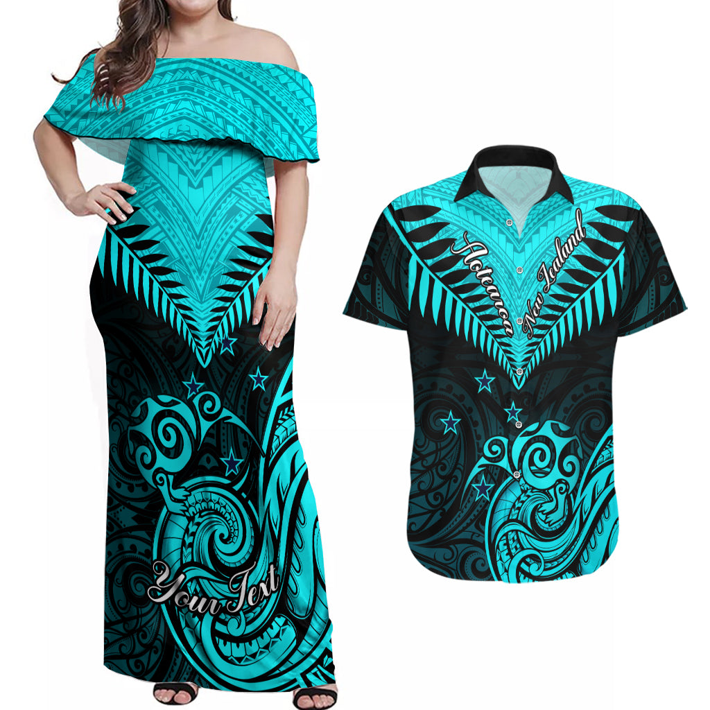 Personalised Aotearoa Couples Matching Off Shoulder Maxi Dress and Hawaiian Shirt Maori Kiwi Turquoise Fern - Wonder Print Shop
