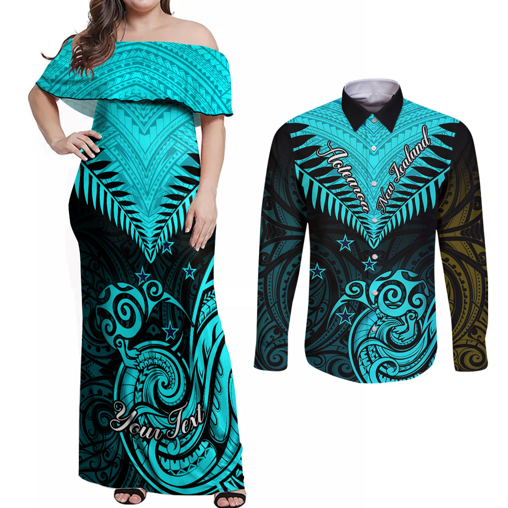Personalised Aotearoa Couples Matching Off Shoulder Maxi Dress and Long Sleeve Button Shirts Maori Kiwi Turquoise Fern - Wonder Print Shop