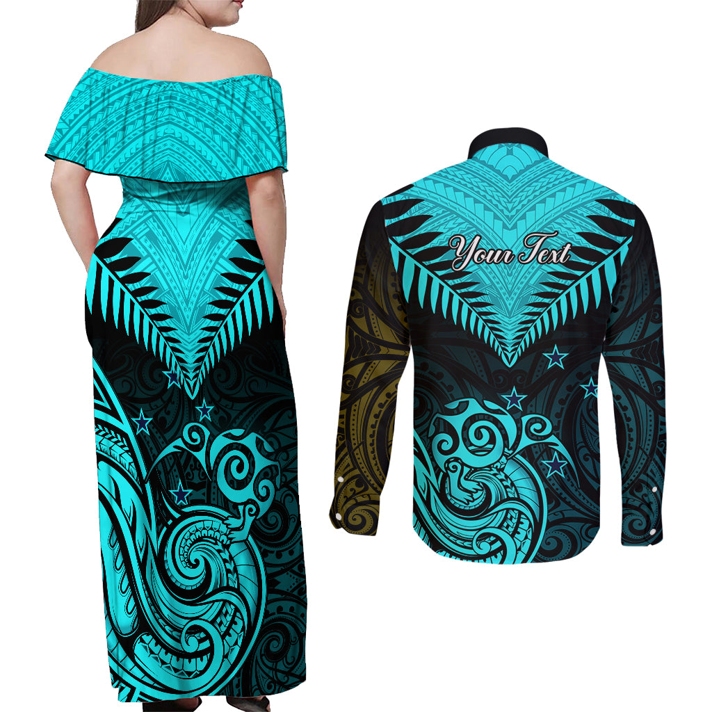 Personalised Aotearoa Couples Matching Off Shoulder Maxi Dress and Long Sleeve Button Shirts Maori Kiwi Turquoise Fern - Wonder Print Shop