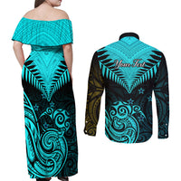 Personalised Aotearoa Couples Matching Off Shoulder Maxi Dress and Long Sleeve Button Shirts Maori Kiwi Turquoise Fern - Wonder Print Shop