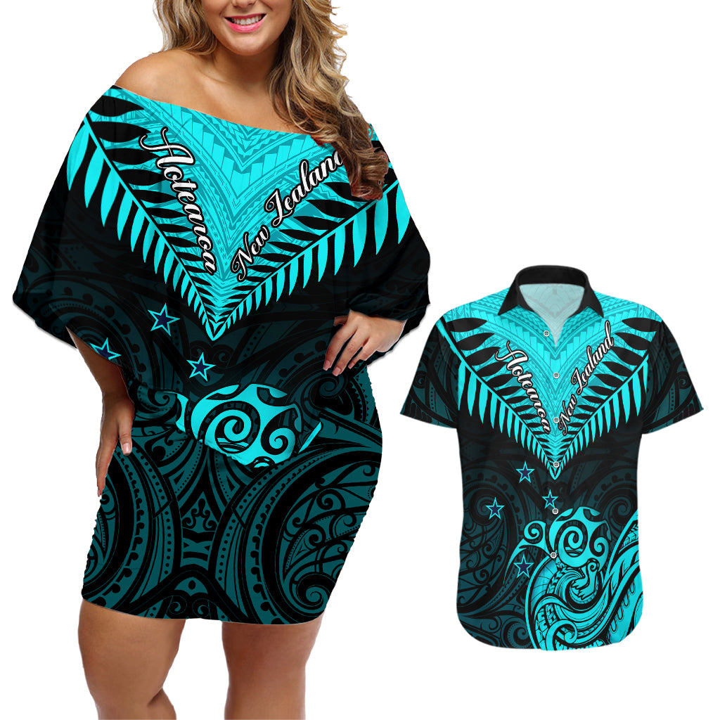 Personalised Aotearoa Couples Matching Off Shoulder Short Dress and Hawaiian Shirt Maori Kiwi Turquoise Fern - Wonder Print Shop