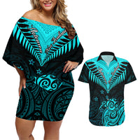Personalised Aotearoa Couples Matching Off Shoulder Short Dress and Hawaiian Shirt Maori Kiwi Turquoise Fern - Wonder Print Shop