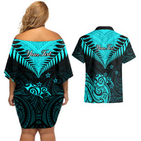 Personalised Aotearoa Couples Matching Off Shoulder Short Dress and Hawaiian Shirt Maori Kiwi Turquoise Fern - Wonder Print Shop