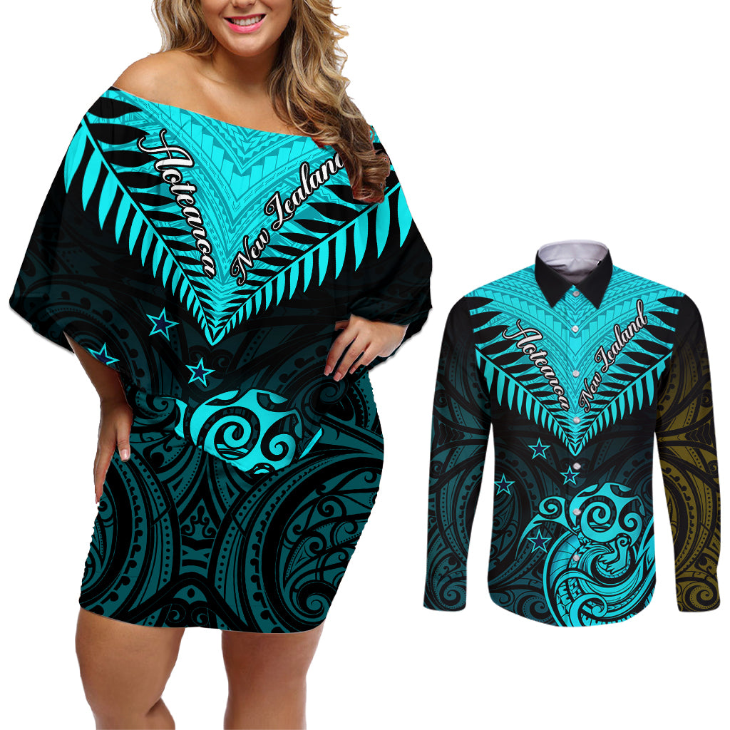 Personalised Aotearoa Couples Matching Off Shoulder Short Dress and Long Sleeve Button Shirts Maori Kiwi Turquoise Fern - Wonder Print Shop