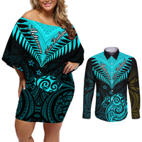 Personalised Aotearoa Couples Matching Off Shoulder Short Dress and Long Sleeve Button Shirts Maori Kiwi Turquoise Fern - Wonder Print Shop