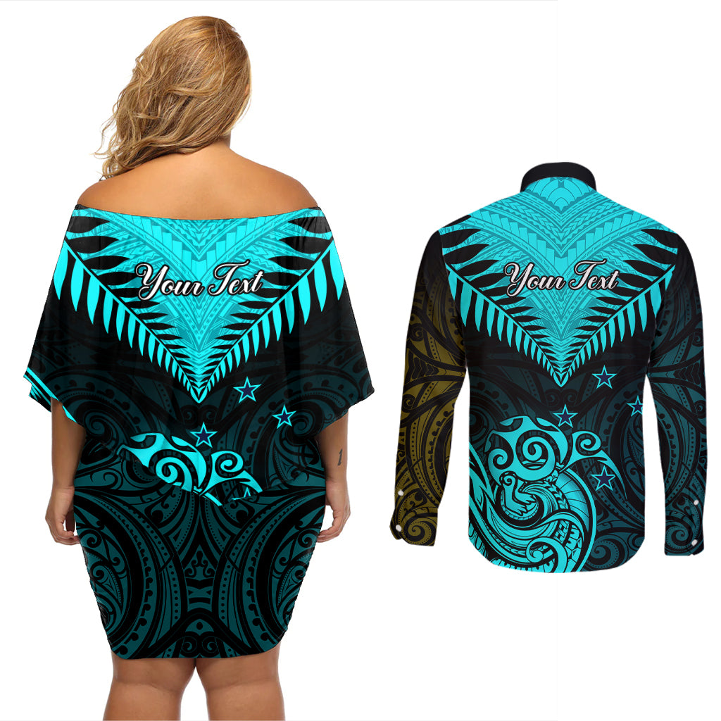 Personalised Aotearoa Couples Matching Off Shoulder Short Dress and Long Sleeve Button Shirts Maori Kiwi Turquoise Fern - Wonder Print Shop
