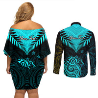 Personalised Aotearoa Couples Matching Off Shoulder Short Dress and Long Sleeve Button Shirts Maori Kiwi Turquoise Fern - Wonder Print Shop
