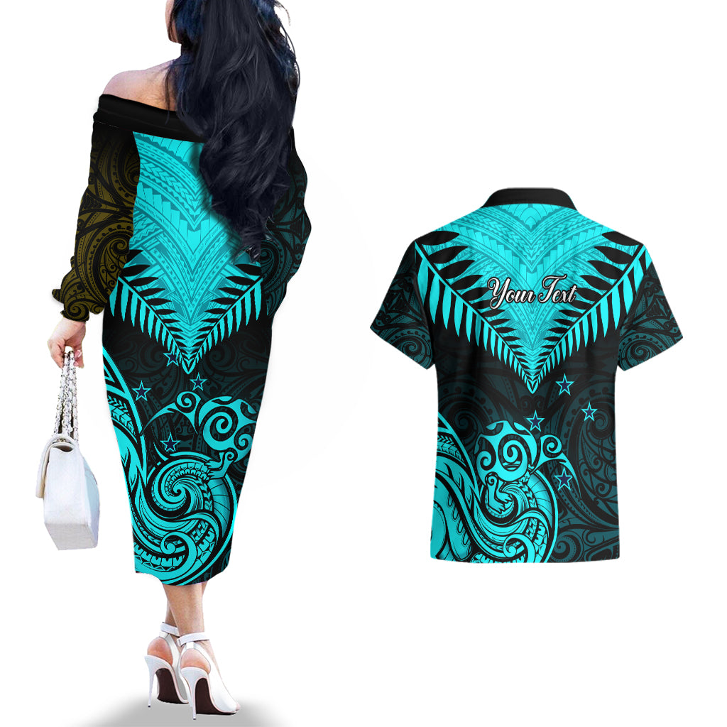 Personalised Aotearoa Couples Matching Off The Shoulder Long Sleeve Dress and Hawaiian Shirt Maori Kiwi Turquoise Fern - Wonder Print Shop