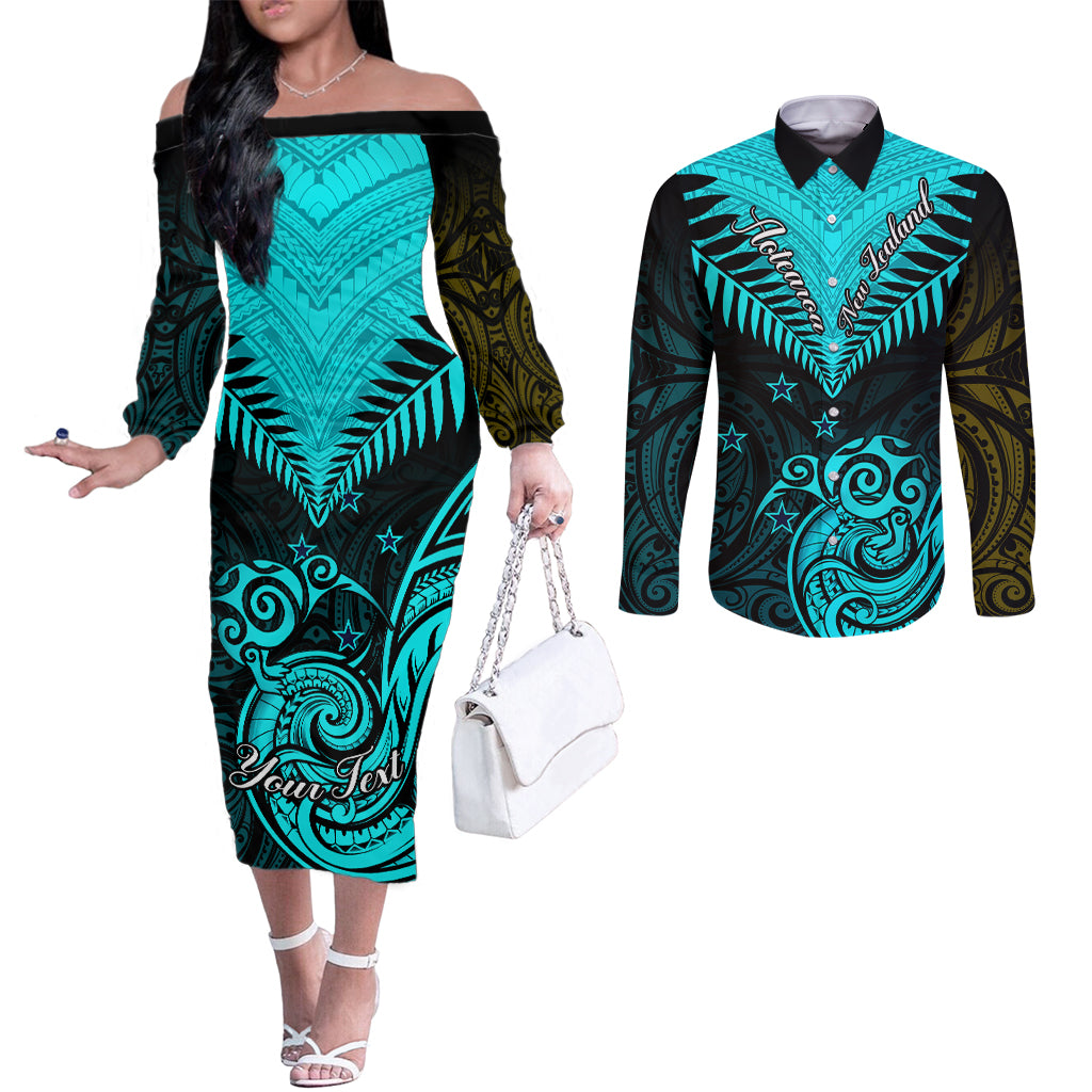 personalised-aotearoa-couples-matching-off-the-shoulder-long-sleeve-dress-and-long-sleeve-button-shirts-maori-kiwi-turquoise-fern