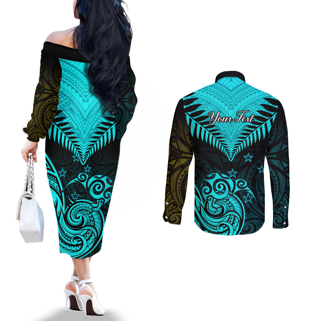 personalised-aotearoa-couples-matching-off-the-shoulder-long-sleeve-dress-and-long-sleeve-button-shirts-maori-kiwi-turquoise-fern