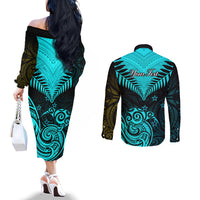 personalised-aotearoa-couples-matching-off-the-shoulder-long-sleeve-dress-and-long-sleeve-button-shirts-maori-kiwi-turquoise-fern