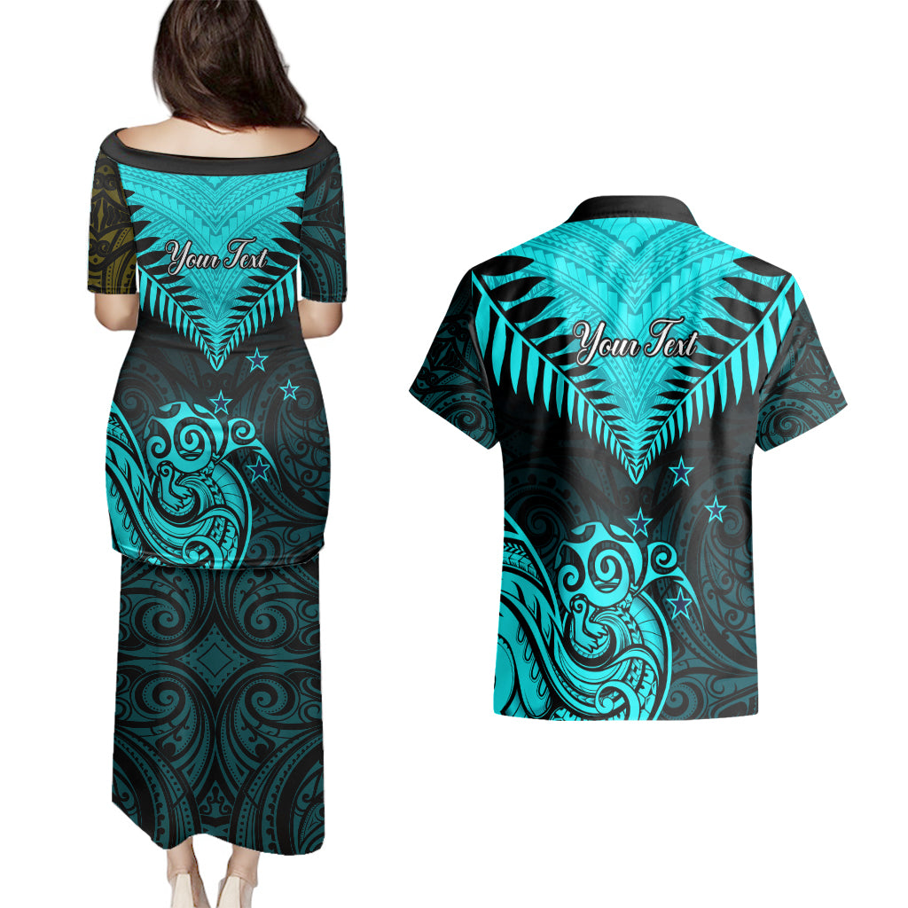 Personalised Aotearoa Couples Matching Puletasi Dress and Hawaiian Shirt Maori Kiwi Turquoise Fern - Wonder Print Shop