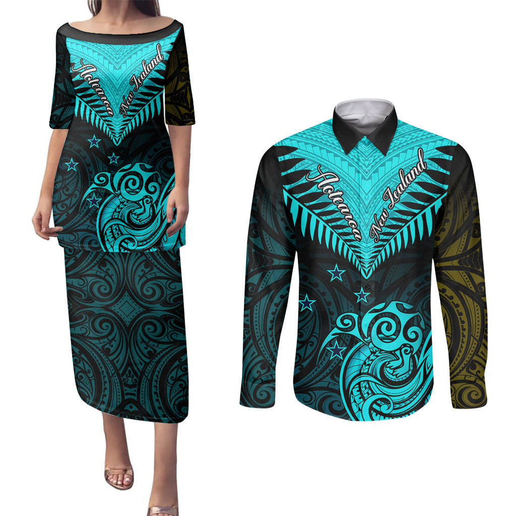 Personalised Aotearoa Couples Matching Puletasi Dress and Long Sleeve Button Shirts Maori Kiwi Turquoise Fern - Wonder Print Shop
