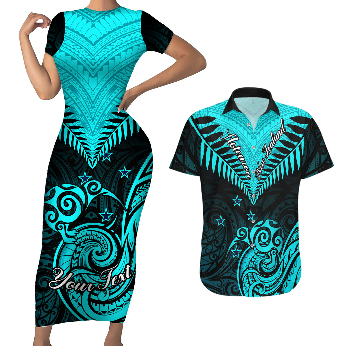 Personalised Aotearoa Couples Matching Short Sleeve Bodycon Dress and Hawaiian Shirt Maori Kiwi Turquoise Fern - Wonder Print Shop