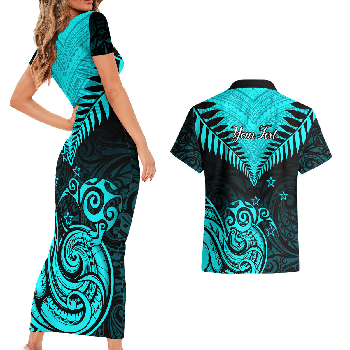 Personalised Aotearoa Couples Matching Short Sleeve Bodycon Dress and Hawaiian Shirt Maori Kiwi Turquoise Fern - Wonder Print Shop