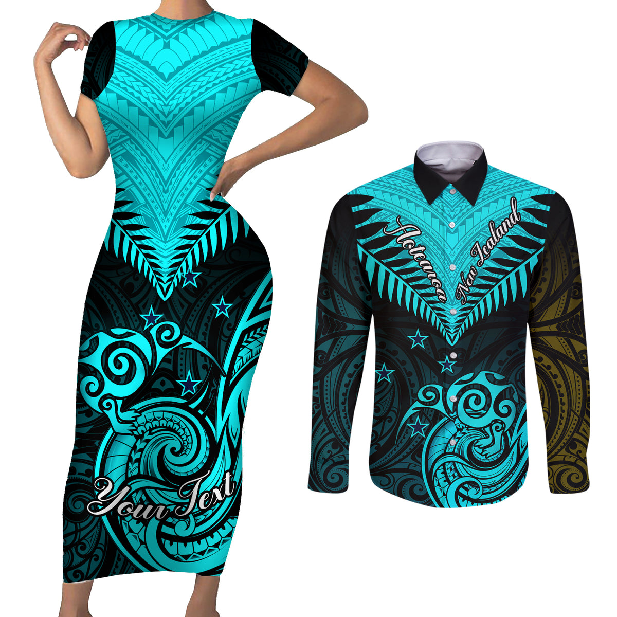 Personalised Aotearoa Couples Matching Short Sleeve Bodycon Dress and Long Sleeve Button Shirts Maori Kiwi Turquoise Fern - Wonder Print Shop
