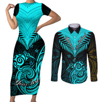Personalised Aotearoa Couples Matching Short Sleeve Bodycon Dress and Long Sleeve Button Shirts Maori Kiwi Turquoise Fern - Wonder Print Shop