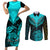 Personalised Aotearoa Couples Matching Short Sleeve Bodycon Dress and Long Sleeve Button Shirts Maori Kiwi Turquoise Fern - Wonder Print Shop