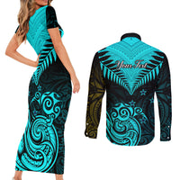 Personalised Aotearoa Couples Matching Short Sleeve Bodycon Dress and Long Sleeve Button Shirts Maori Kiwi Turquoise Fern - Wonder Print Shop